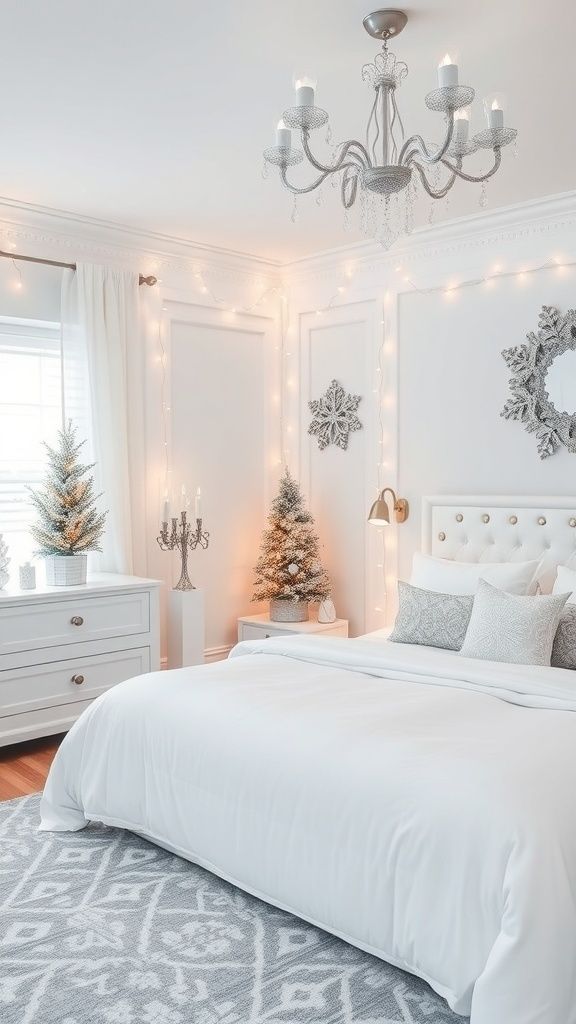 Bedroom with silver and white string lights, faux snow, white bedding, and cool-toned winter decor.