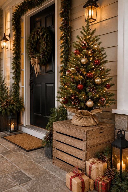 Front porch mini tree in wooden crate riser, pine sapling, fairy lights, rustic texture