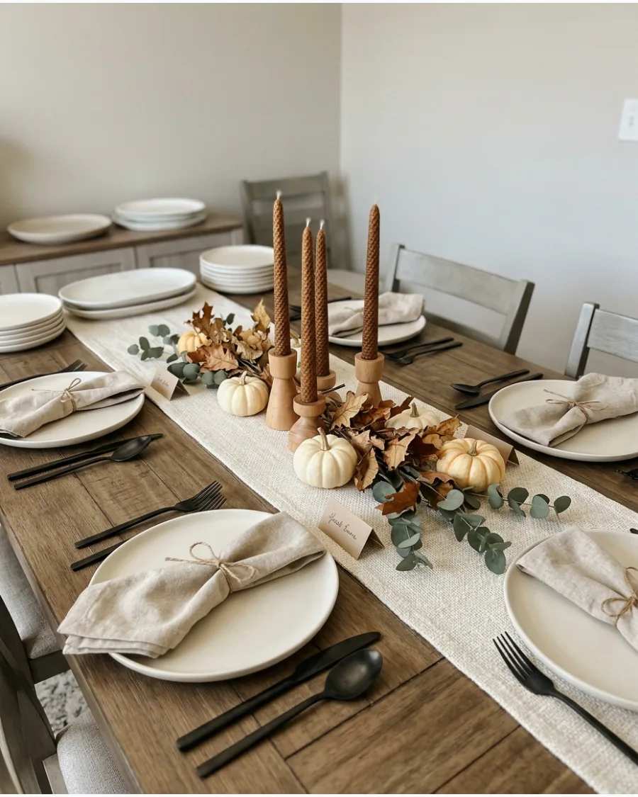 Cream and brown neutral tablescape with wooden cutlery and linen fabric