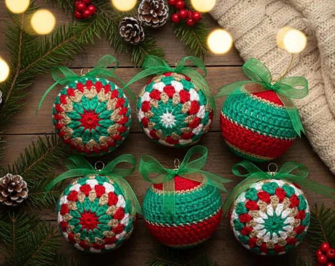 Rustic wooden mantle decorated with star shaped crochet christmas ornaments and warm velvet garlands