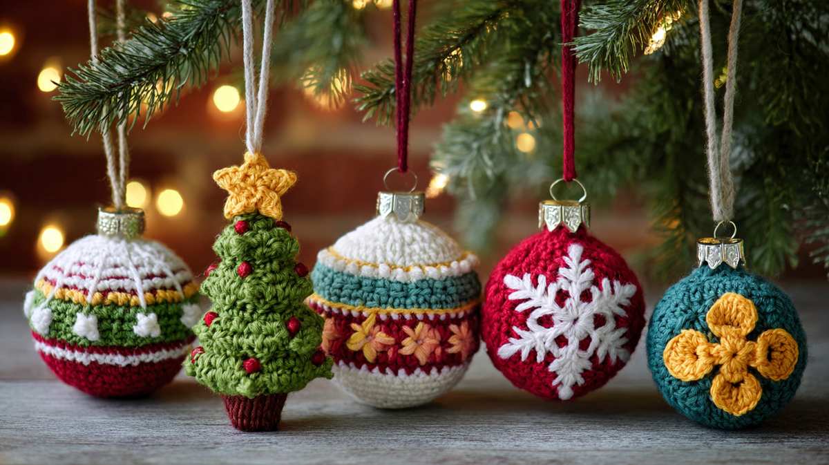 Traditional Christmas tree adorned with colorful crochet mini stockings and classic warm candle lighting