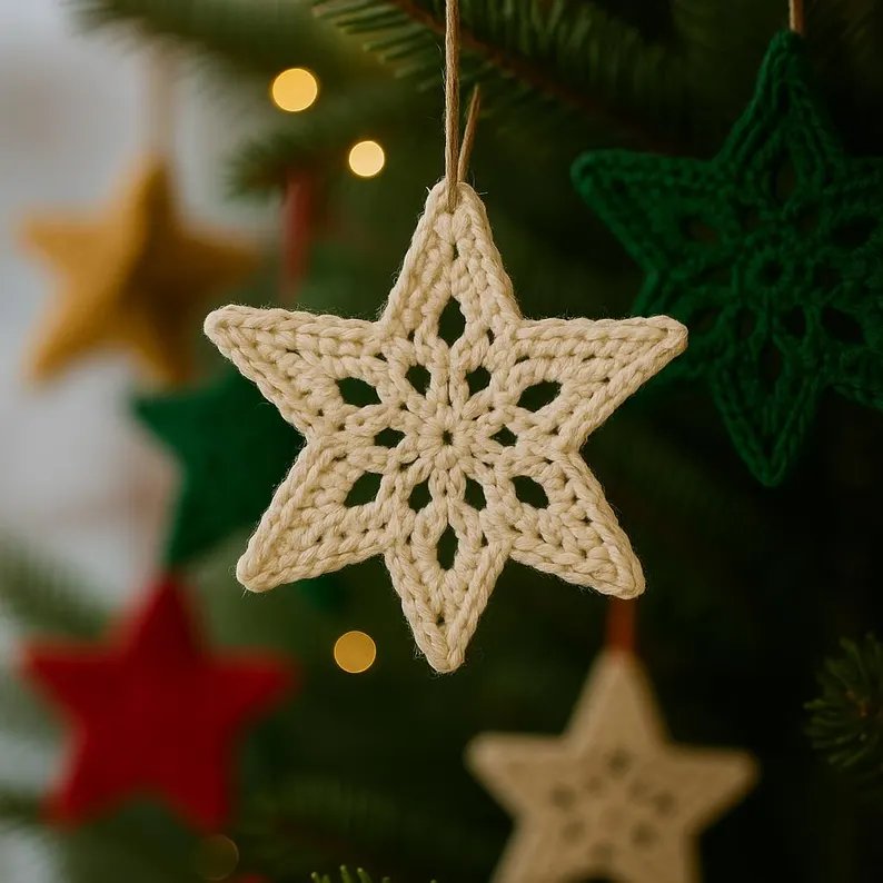 Modern Scandinavian dining room table with green crochet tree ornaments nestled on a raw wooden tray.