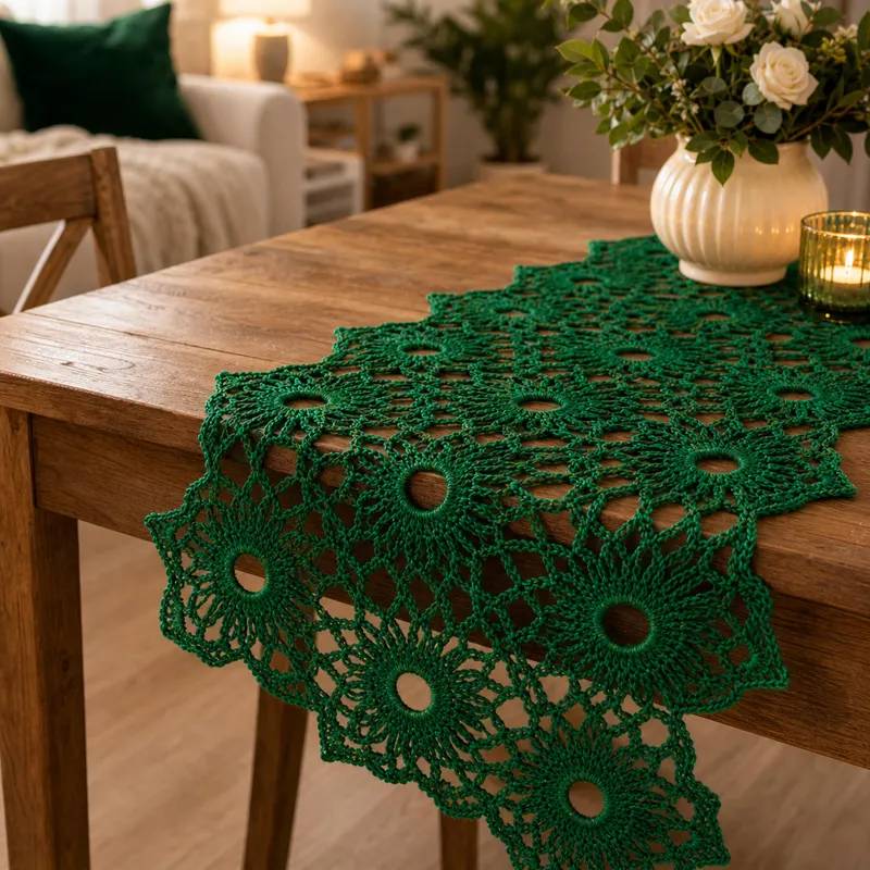 Sunny dining table set with sage green crochet placemats linen napkins and modern pottery.