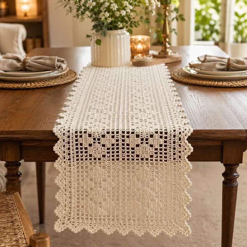 Walnut dining table with boho fringed crochet mat ambient candlelight and stoneware vase centerpiece.