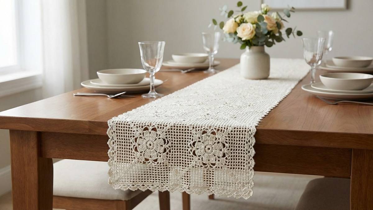 Light wood table featuring terracotta crochet trivets clear glass vase and soft golden lighting.