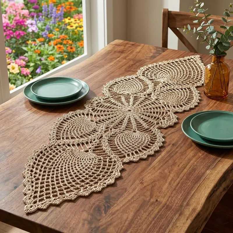 Round wooden table covered with overlapping antique lace crochet doilies and brass candleholders.