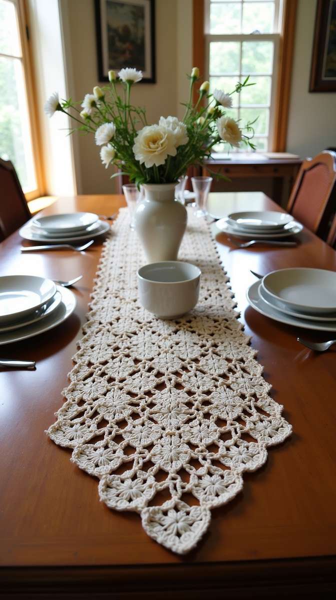 Elegant white table setting with soft blush pink crochet coasters and delicate floral centerpiece.