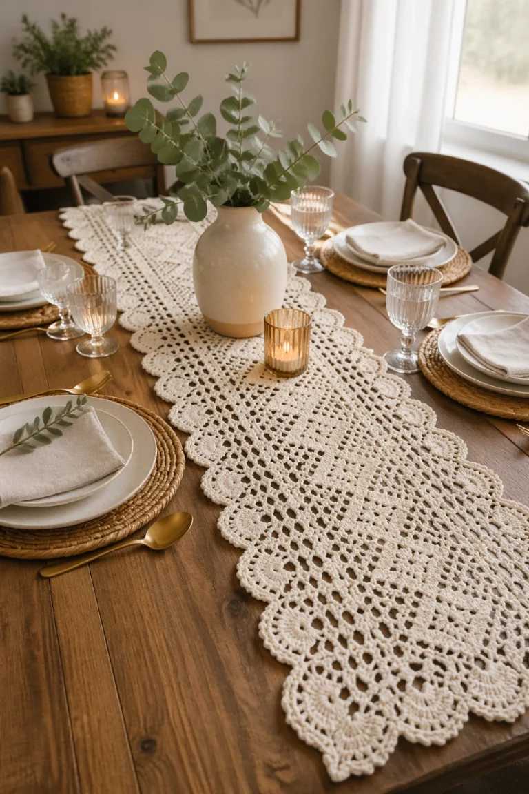 Farmhouse kitchen table featuring natural jute crochet mat with stoneware pitcher and soft warm lighting.