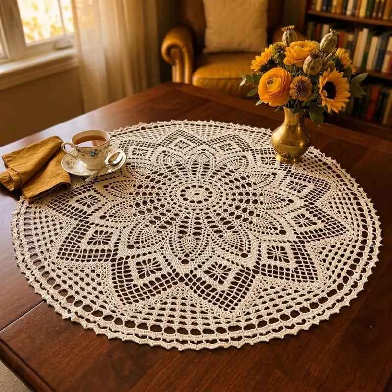Modern dining place setting with deep navy crochet napkin rings white ceramic plates and gold cutlery.