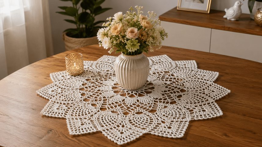 Cozy living room wooden coffee table featuring glass jar candles wrapped in cream crochet sleeves