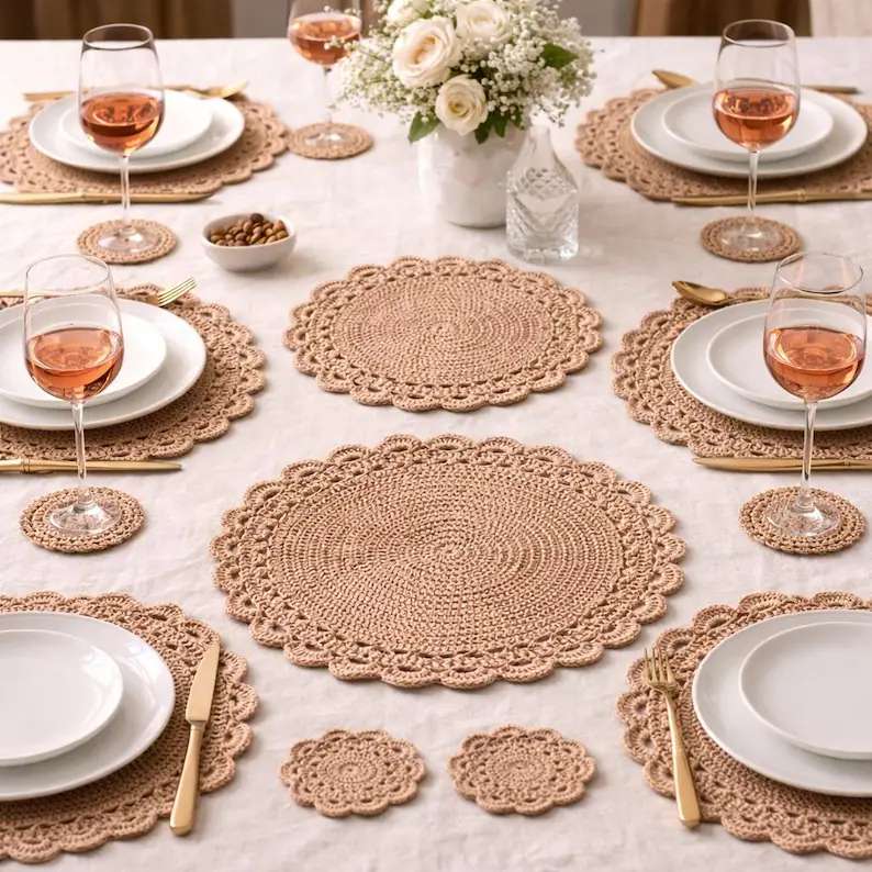 Contemporary dining room glass table featuring a thick circular gray chenille crochet mat and ceramic vase