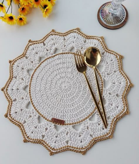 Farmhouse dining setting with linen napkin bound by a textured beige crochet ring with wooden bead detail