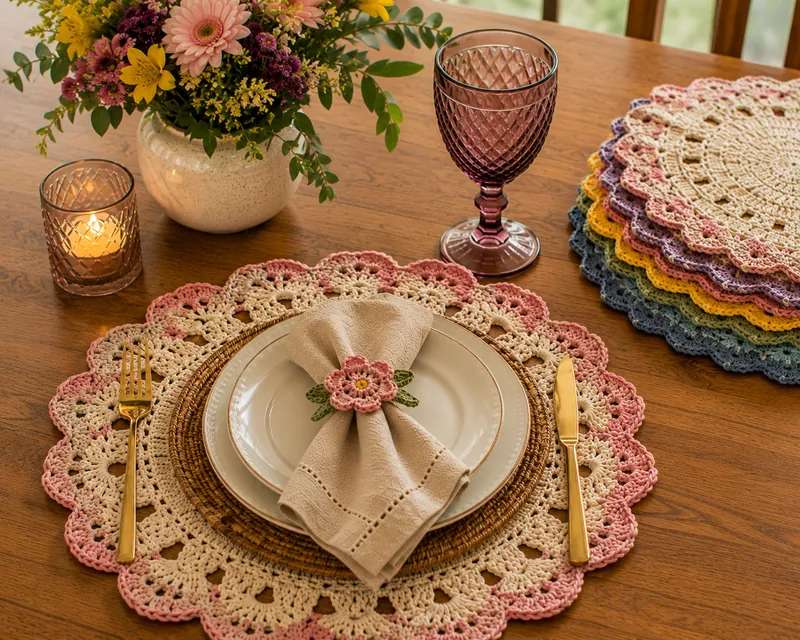 Mid-century modern dining room teak table featuring a geometric color-blocked crochet runner in mustard and navy