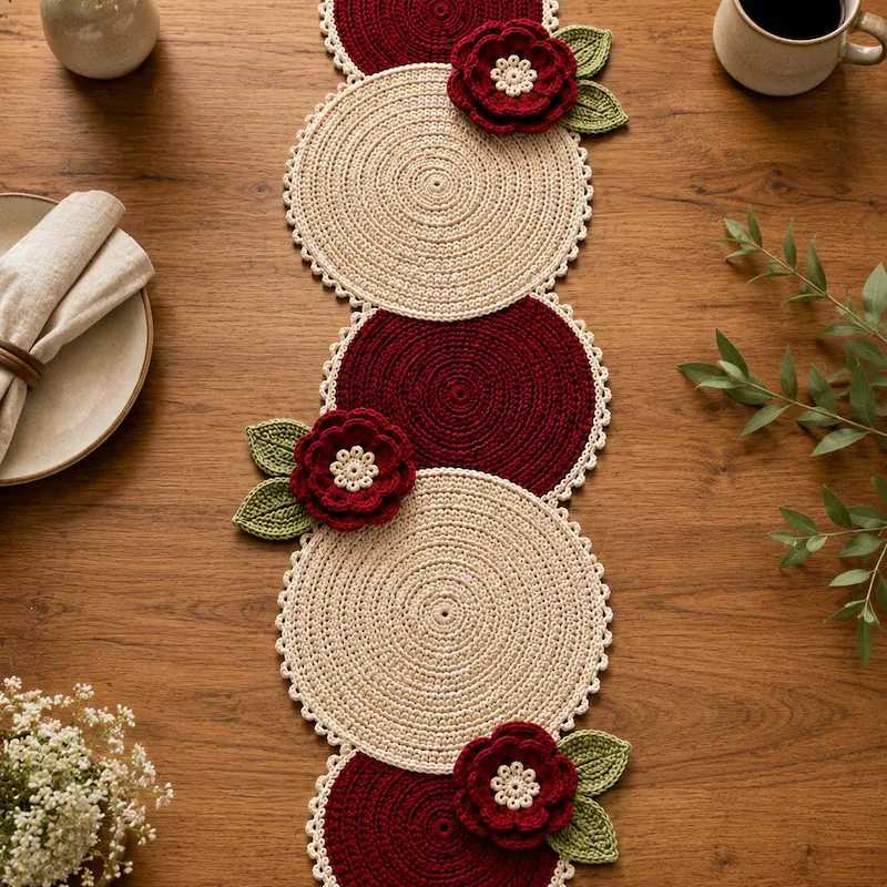 Kitchen dining table with crochet table decorations, burlap edges, rustic wood, warm glow.