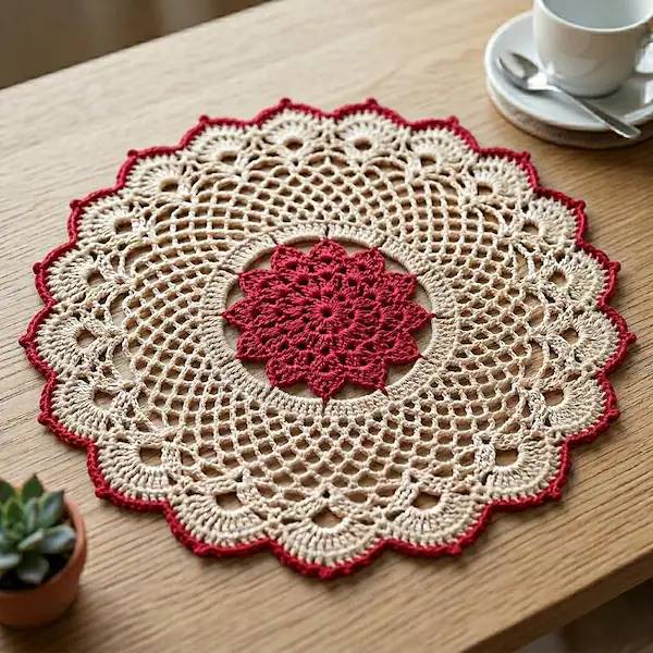 Sunroom table with crochet table decorations, deep green yarn, live plants, bright natural light.