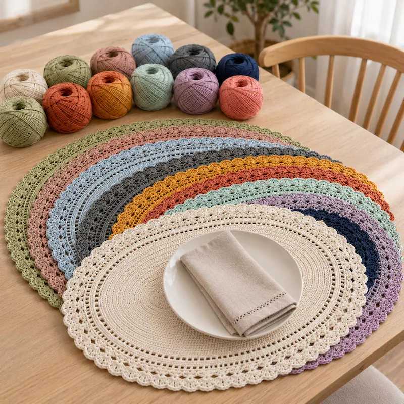 Beach house dining room, blue and white crochet runner, driftwood centerpiece, bright natural sunlight.