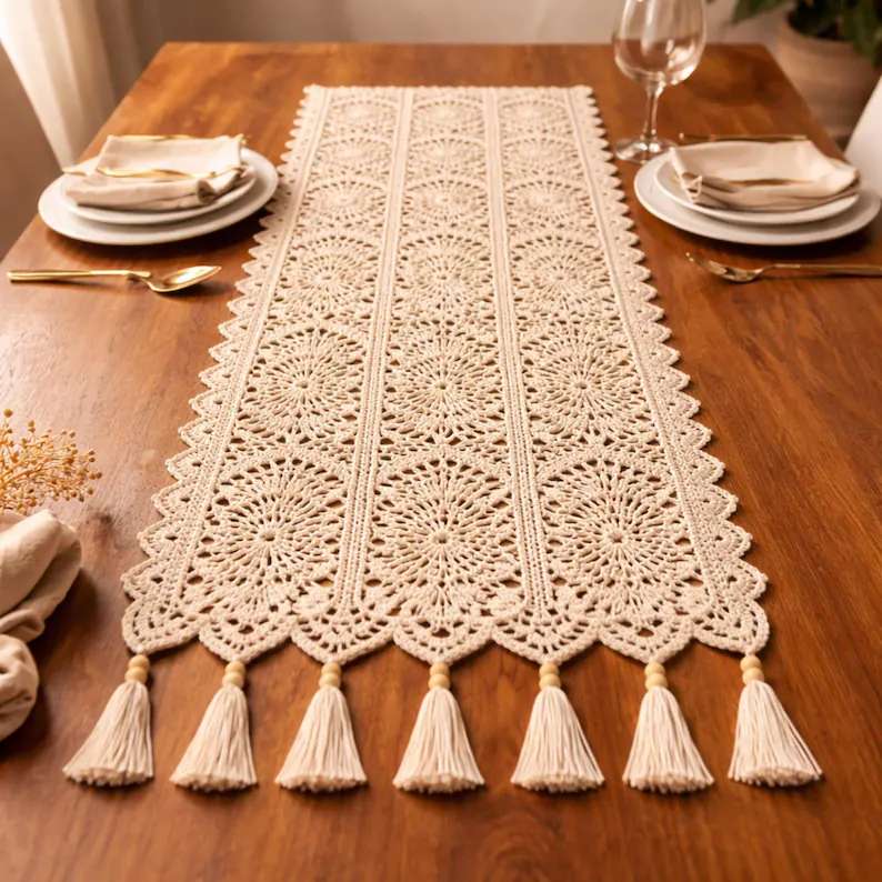 Dining table with orange and red crochet squares, rustic leather chairs, desert decor, warm lighting.