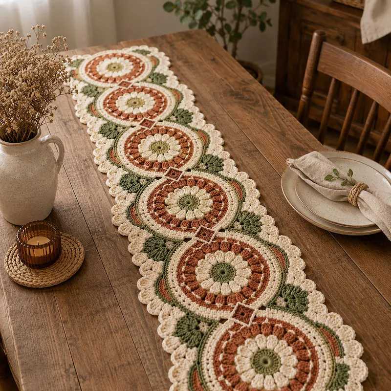 Outdoor patio table, white lace crochet overlay, flowers, soft garden lighting, rattan seating.