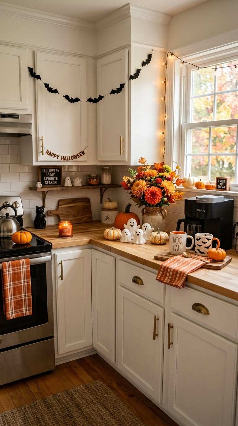 Kitchen counter with cute ghost trio decor in a corner