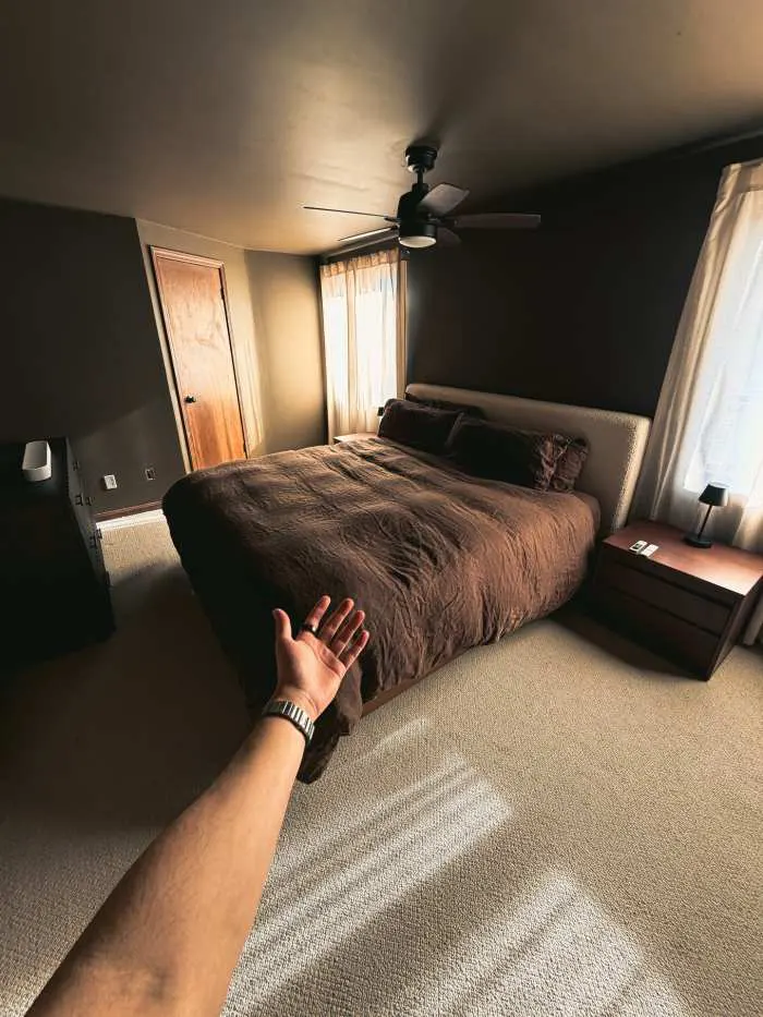 Bedroom with deep charcoal accent wall, warm sunlight streaming through large windows, and soft furnishings.