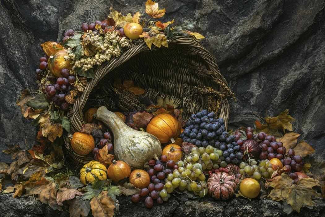Darkened dining room, cornucopia of gourds and grapes, black velvet backdrop, low ambient lighting.