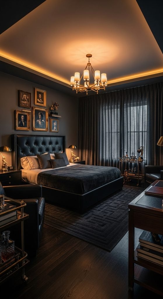 Dark bedroom featuring a tufted leather headboard, gold chandelier, and soft gray bedding.