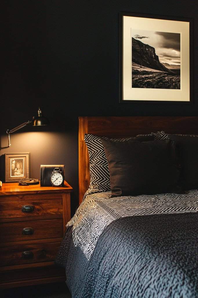 Dark bedroom showcasing a reclaimed wood headboard, chevron patterned bedding, and a minimalist metal lamp.