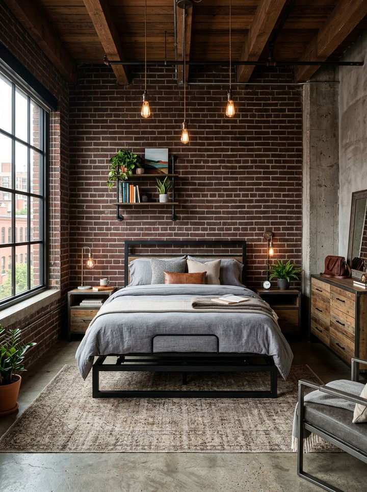 Dark brick bedroom with wood beams, grey bedding, and pipe shelving.