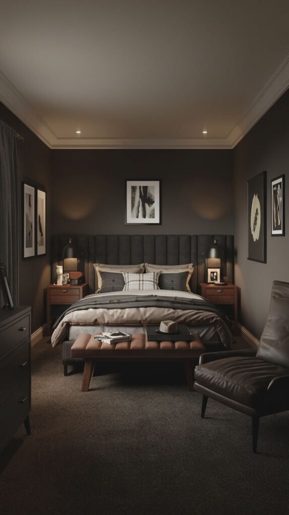 Dark Brown Bedroom Plaid Pillow Leather Armchair