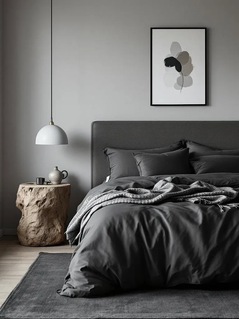 Dark charcoal bedroom featuring a unique tree‑trunk nightstand and minimalist décor.