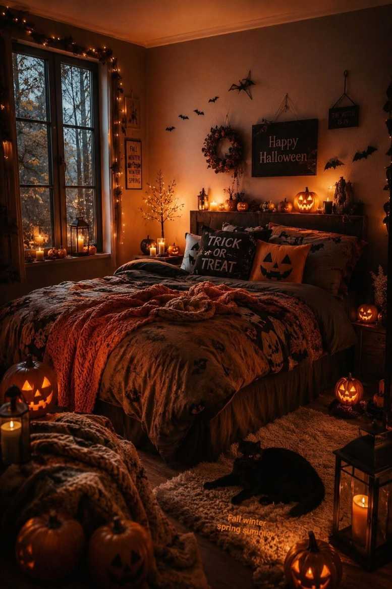 Dark cozy bedroom with black cat figurine, jack o lanterns, and moody lighting.