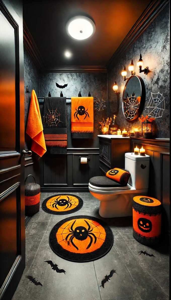 Dark gothic bathroom, black walls, orange spider rug, matte black fixtures, dim amber lighting.