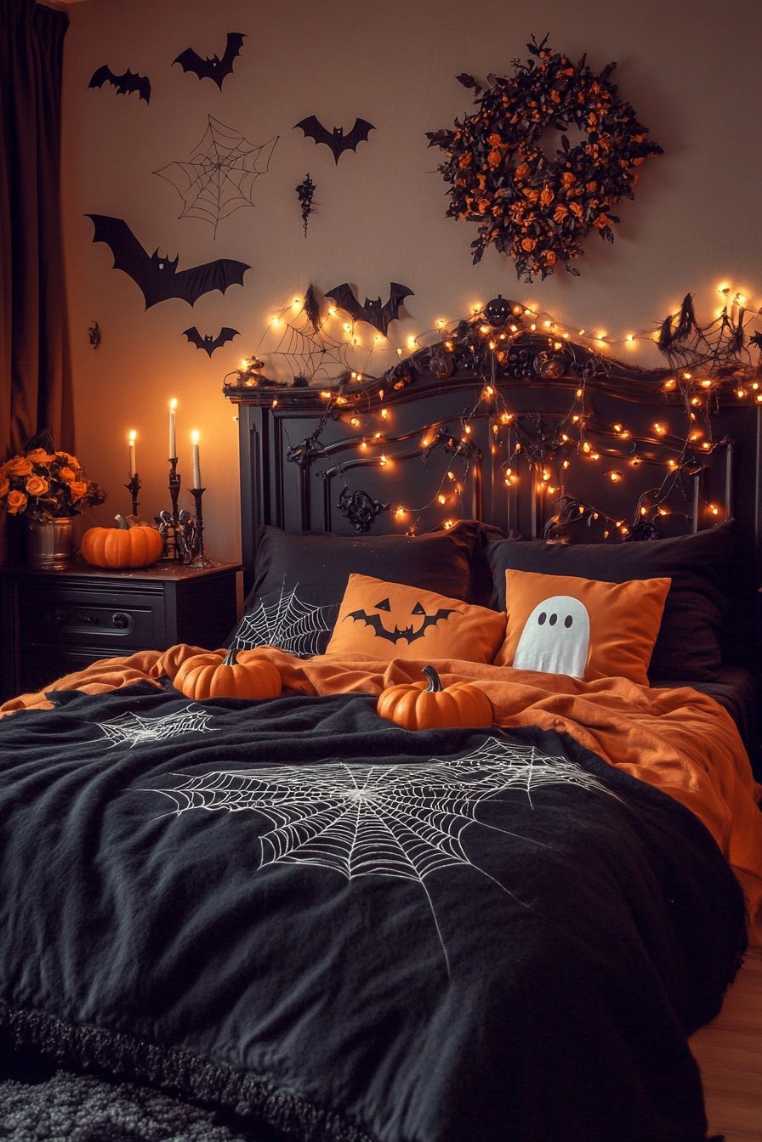 Dark gothic bedroom with fairy light headboard, spiderweb fleece blanket, and moody decor.