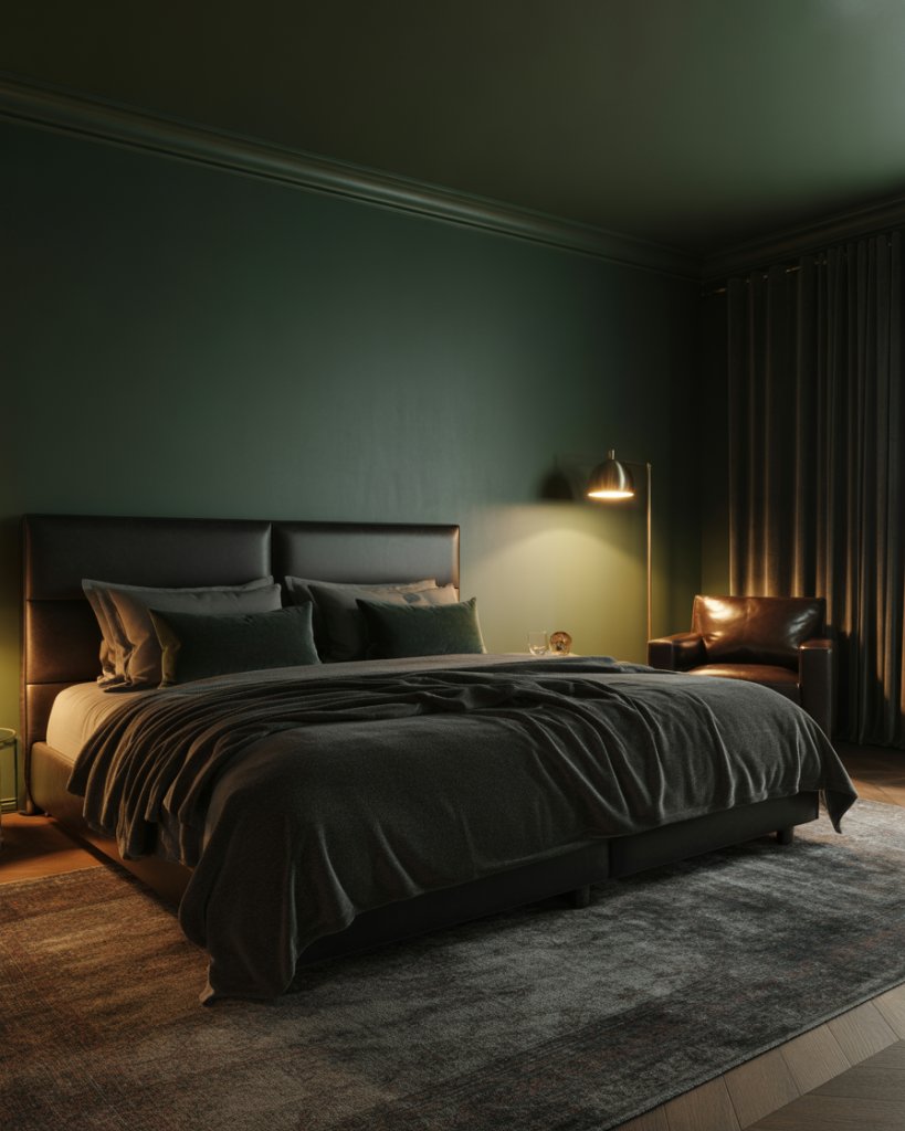 Moody dark emerald green men bedroom with black metal accents exposed brick and warm sconce lighting