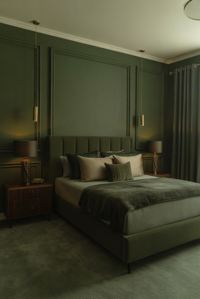 Dark moody sage green bedroom featuring mid-century modern furniture smoked glass lamps and charcoal accents