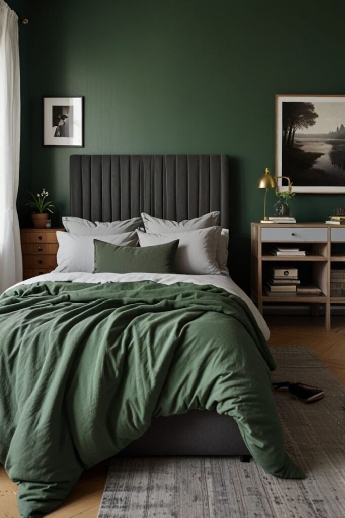 Modern dark green acoustic slat wall bedroom for men with low platform bed and warm ambient lighting