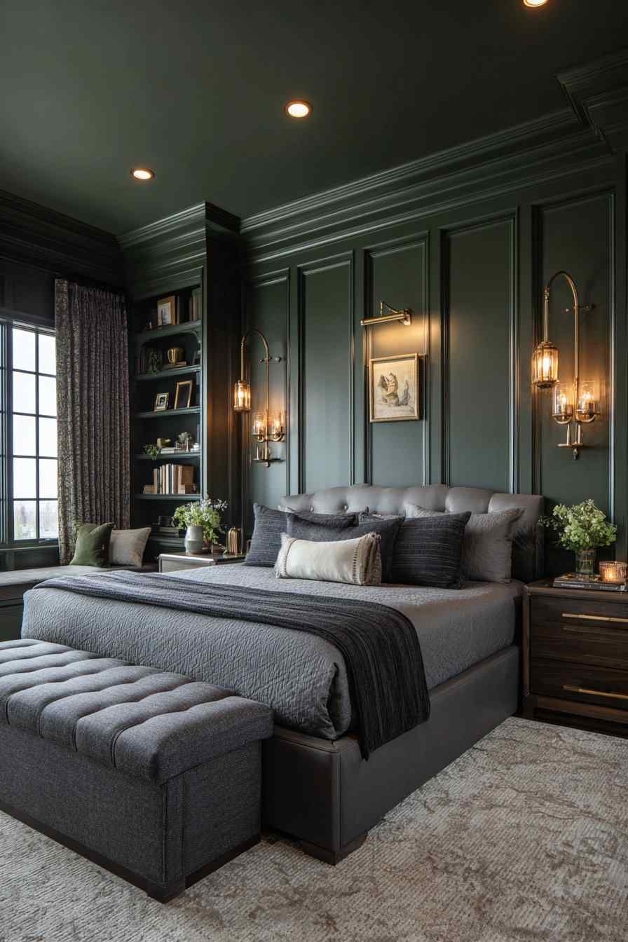 Sophisticated hunter green bedroom for men featuring brushed brass pendant lights modern art and velvet bedding