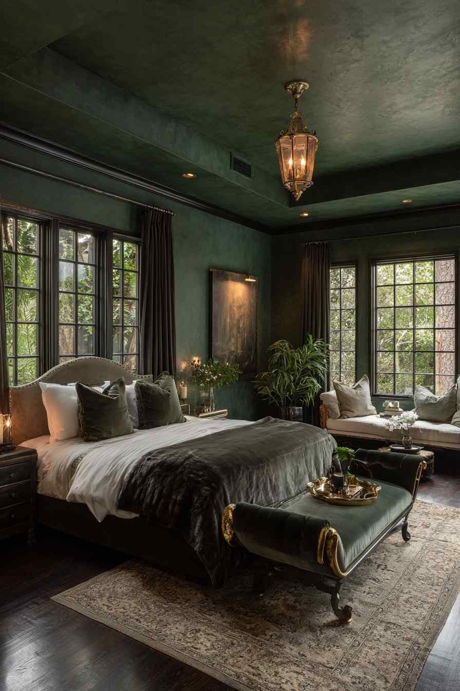 Urban male loft bedroom with dark moss green walls black concrete floor and low grey bedding