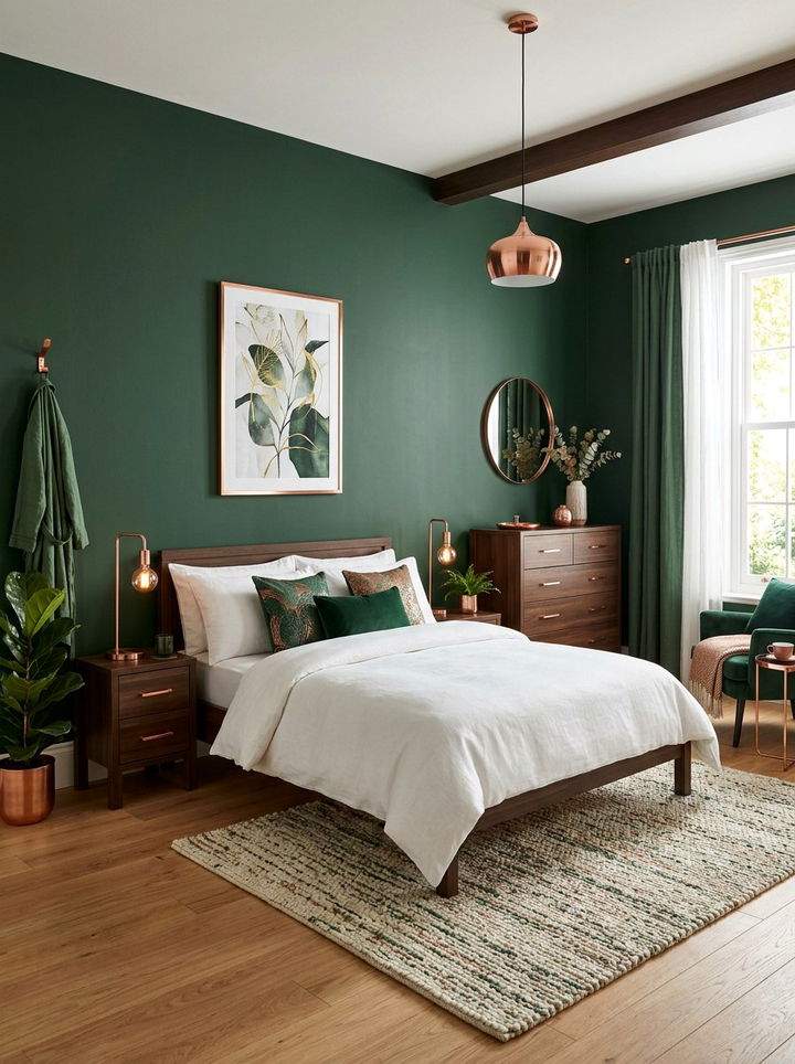 Classic dark cypress green board and batten wall bedroom with brown leather headboard and warm lamp lighting