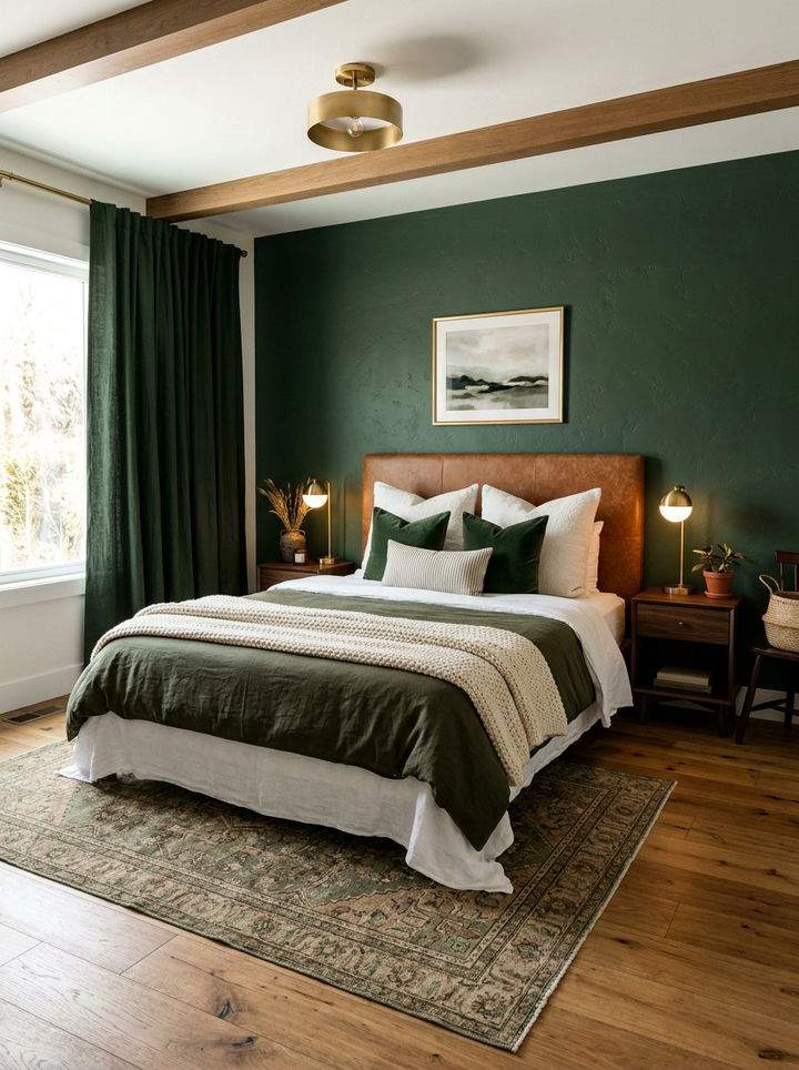 Modern masculine bedroom with dark spruce green wall accent charcoal grey curtains and minimalist track lighting