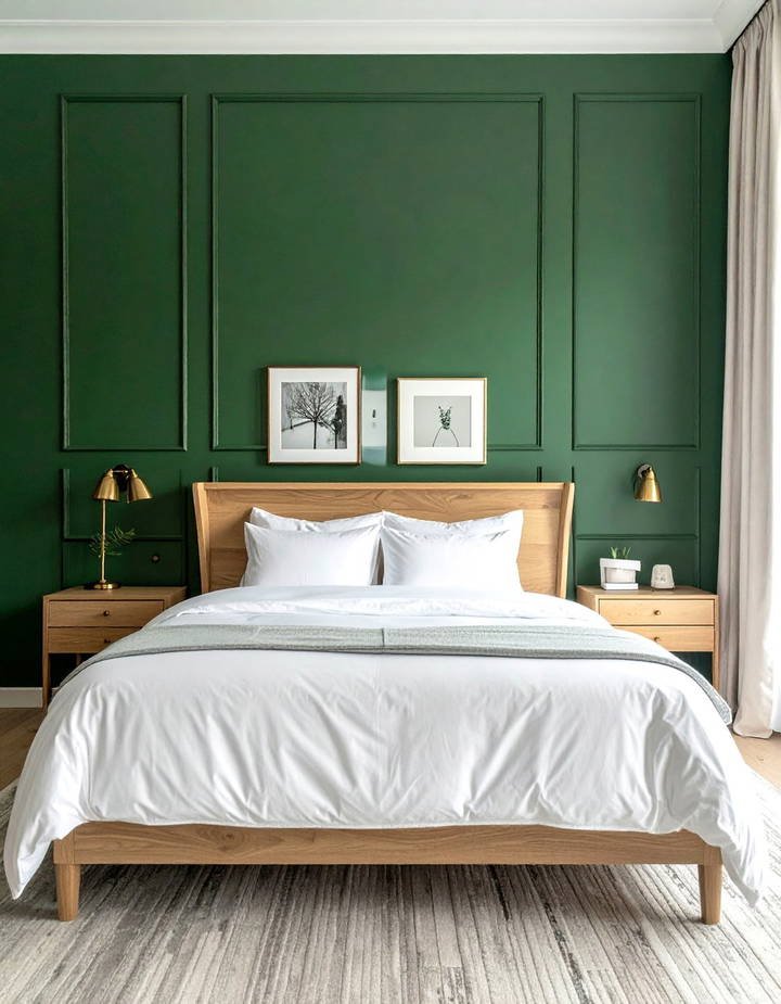 Dark green men's bedroom featuring emerald velvet headboard smoky glass lamps warm brass accents.