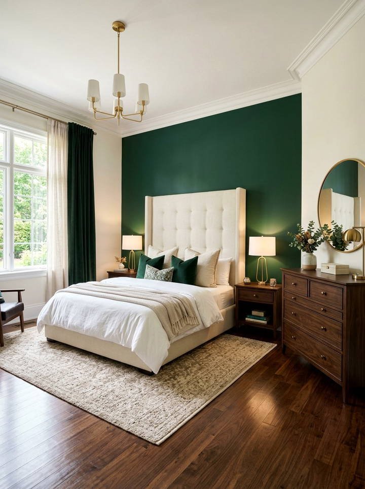 Industrial dark green male bedroom with exposed brick, low profile platform bed, soft Edison lighting.