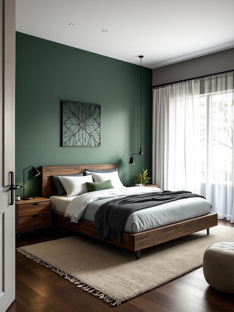 Dark olive green bachelor bedroom with reclaimed timber wall warm LED backlight leather accent chair.