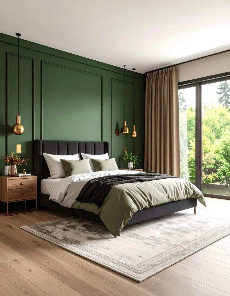Minimalist dark pine green bedroom featuring matte black furniture low platform bed ambient warm backlight.