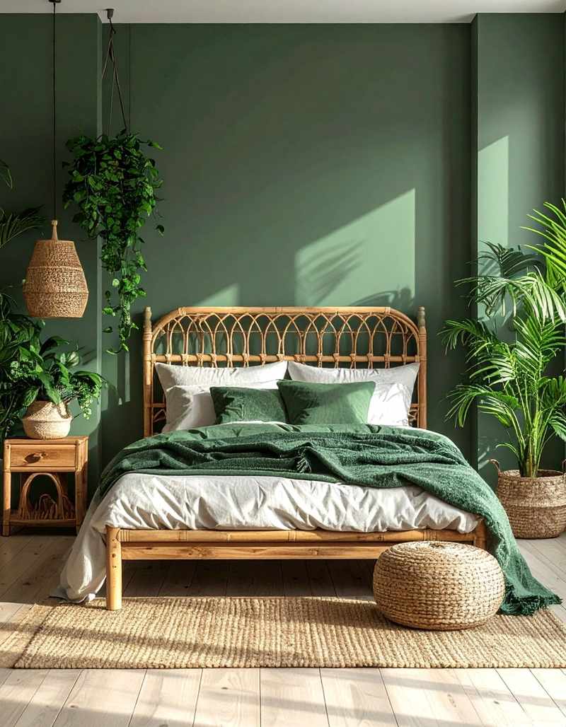 Dark botanical green bedroom with moody floral artwork, vintage dark wood vanity, warm ambient sconces.