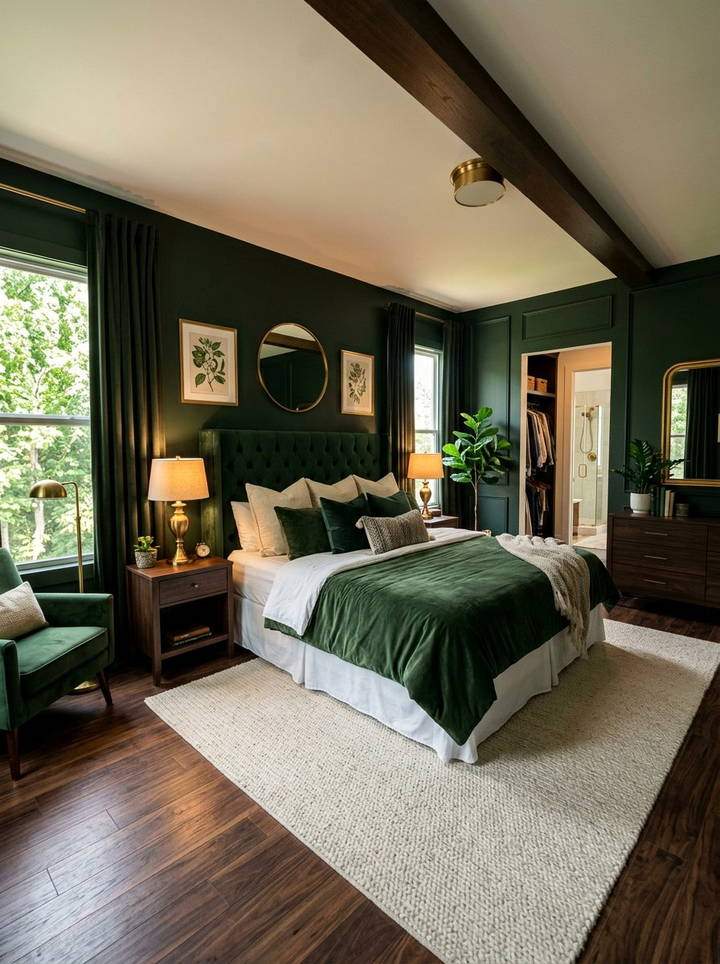 Brutalist dark spruce green bedroom with board-formed concrete accent wall warm architectural tube lighting.