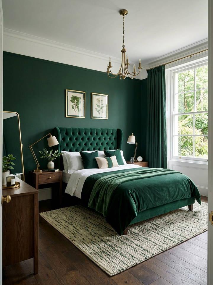 Japandi dark moss green bedroom featuring light cypress wood slats and low Japanese style platform bed.
