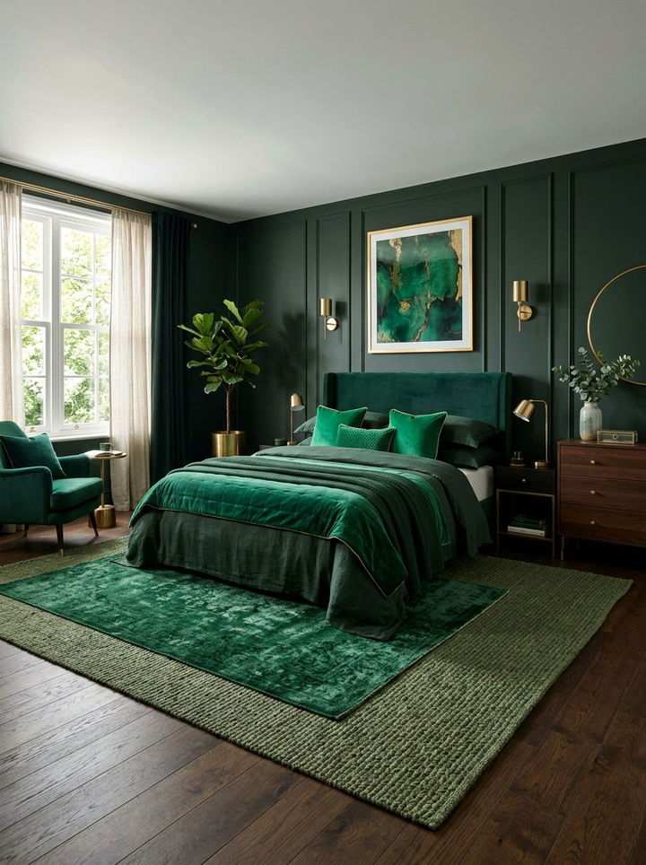 Dark sage green bedroom featuring distressed saddle leather headboard vintage brass pharmacy lamps.
