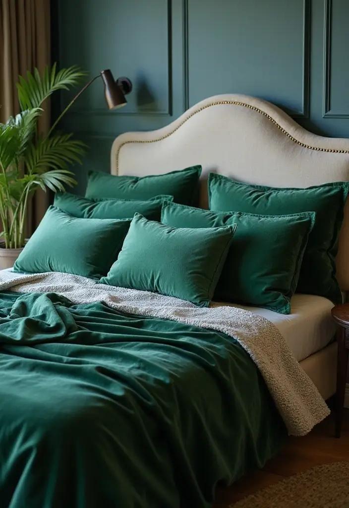 Executive dark green bedroom featuring rich walnut paneling amber glass ambient table lamps gold accents.