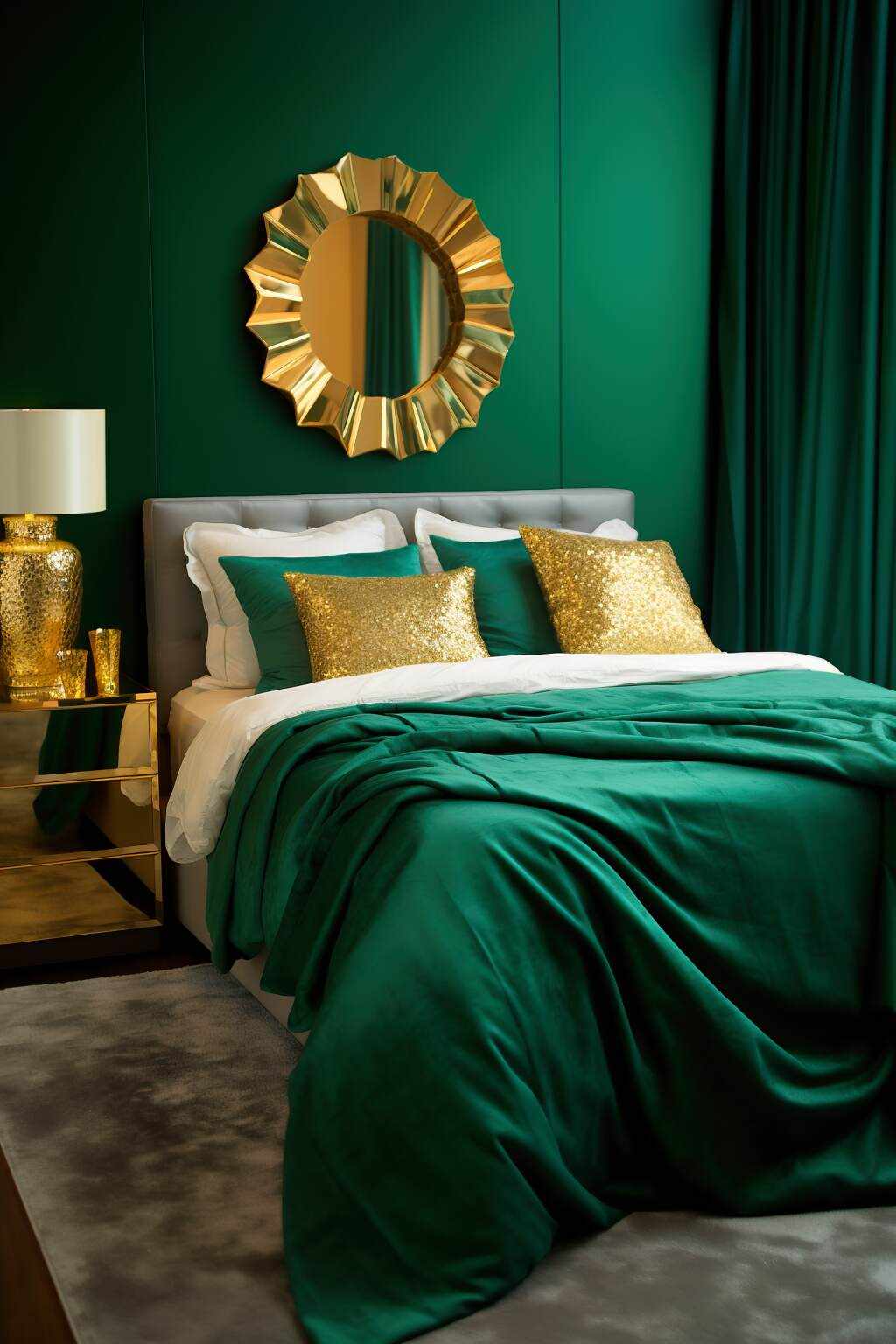 Rustic dark hunter green bedroom with exposed timber beams plush wool throw warm glowing lanterns.